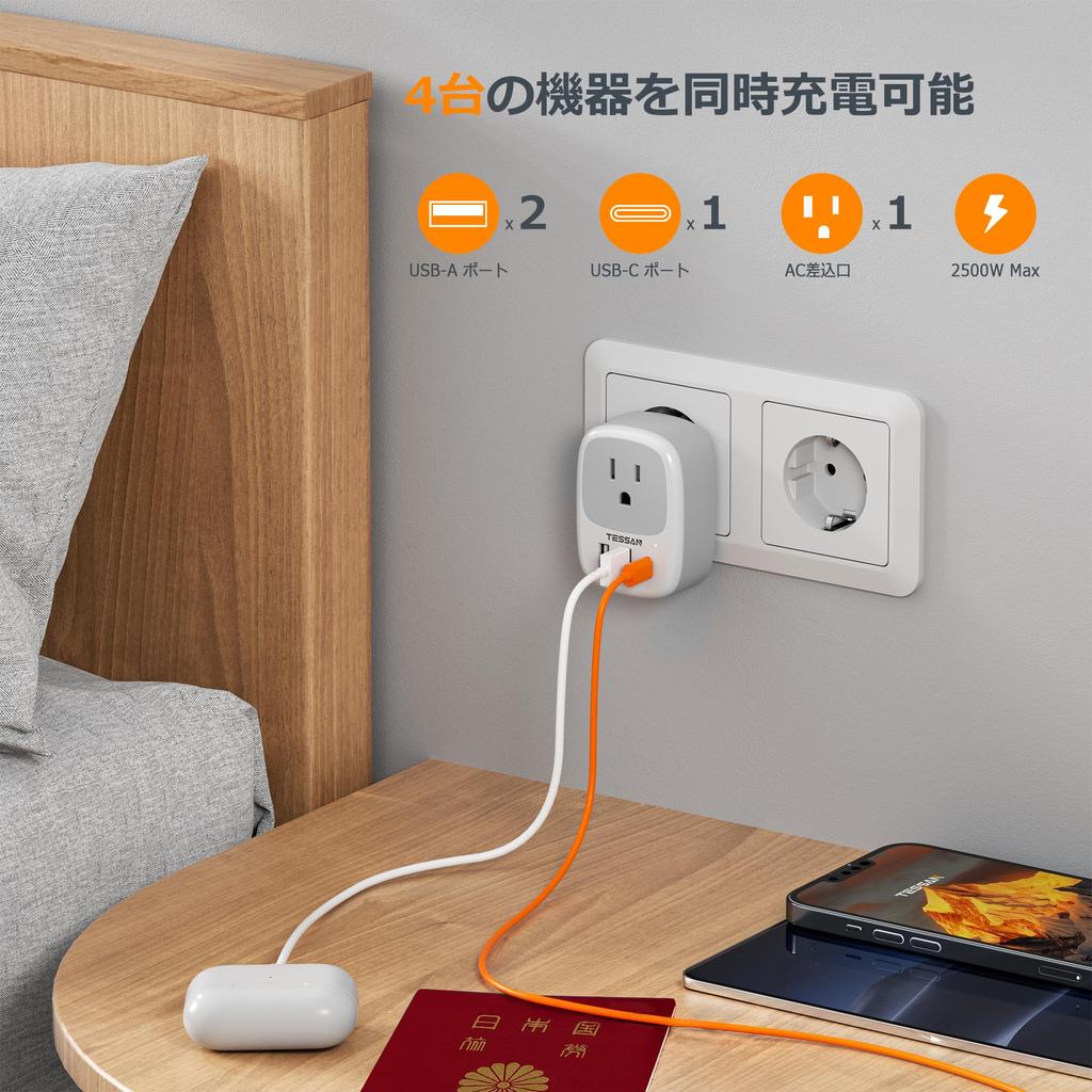 TESSAN Conversion Plug with Two and One Convenient International Conversion Plug for Travel to and More C-Type USB-A USB-C Ports, Korea, Vietnam,