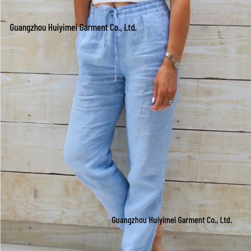 

2023 Women s Summer Elastic Waist Cotton Linen Wide-Leg Pants XL зелений