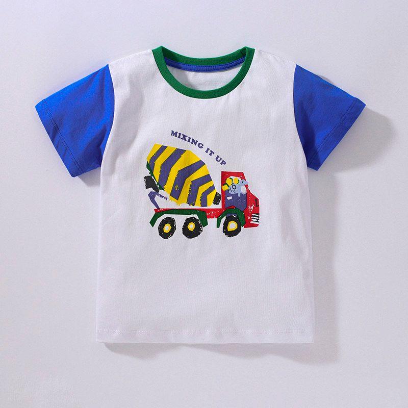 2025 New Summer Clothing for Baby Boys, Pure Cotton Short-Sleeve Pullover Base Shirt, Cartoon Round-Neck Children's Top, Construction Vehicle Design