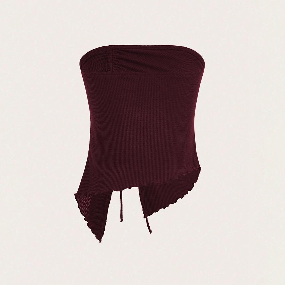 Women's Winter Drawstring Slit Irregular Waffle Style Slim Fit Strapless Vest Top
