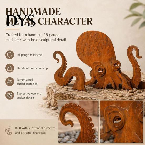 Octopus Garden Ornament Rust Patina Giant Squid Sculpture, 3D Metal Nautical Outdoor Marine Themed Decor Statue for Patio Lawn Beach House Decor,