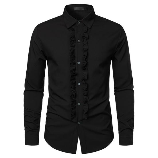 

Мужская рубашка в стиле ретро, ​​средневековая однобортная однобортная рубашка в королевском стиле с рюшами в стиле пэчворк, воротник с лацканами и длинным рукавом, однотонная L чёрный