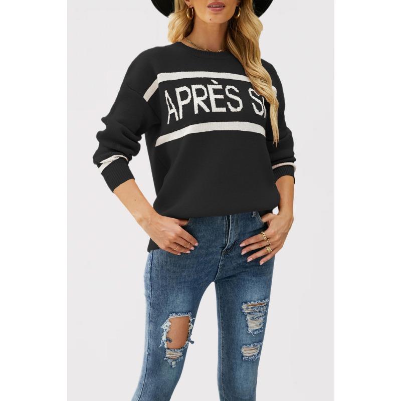 

New autumn and winter women s long-sleeved top hot-selling round neck letter jacquard fashion bottoming knitted sweater S чёрный