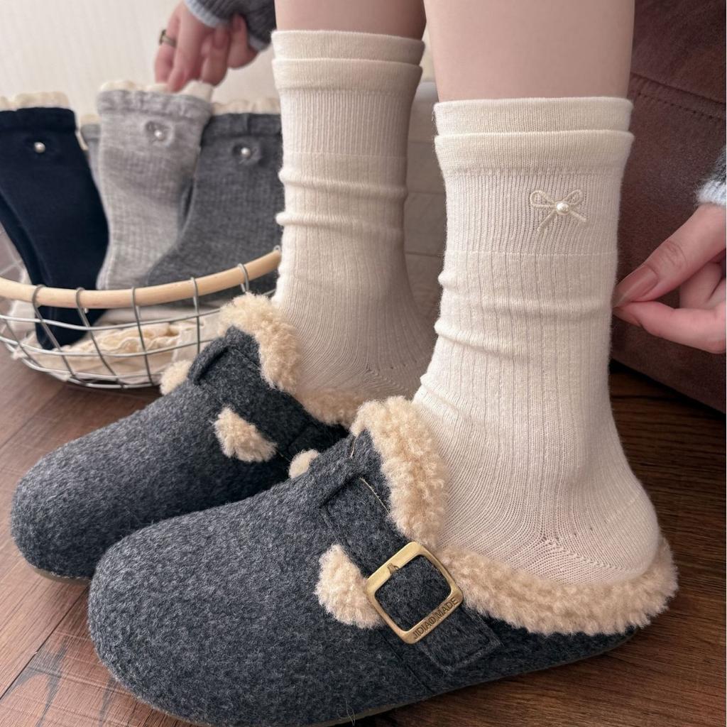 Cashmere Socks Women'S Korean Double Luo Mouth Contrasting Color Medium Tube Socks Pearl With Bow Embroidery Stacking Socks