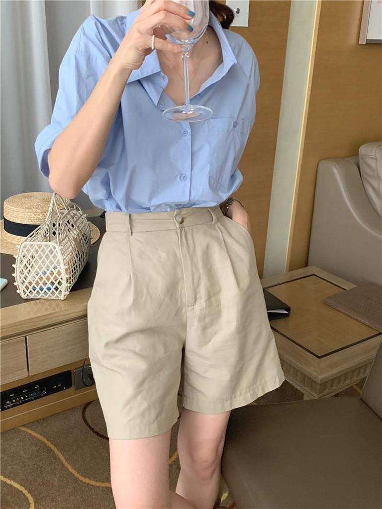 Cămașă de damă coreeană albastră lăptoasă, cu mânecă scurtă, largă, cu guler și design cu buzunar