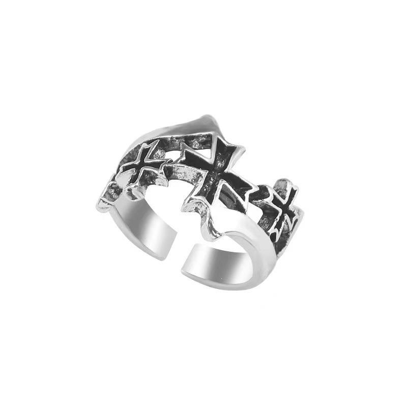 Unisex Retro Punk Wide Band Abstract Art Cross Finger Ring Adjustable Open