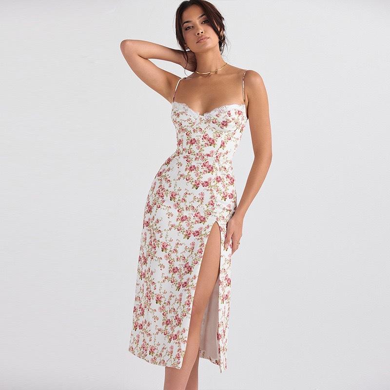 2024 European & American Spring Floral Slit Sling Dress for Women