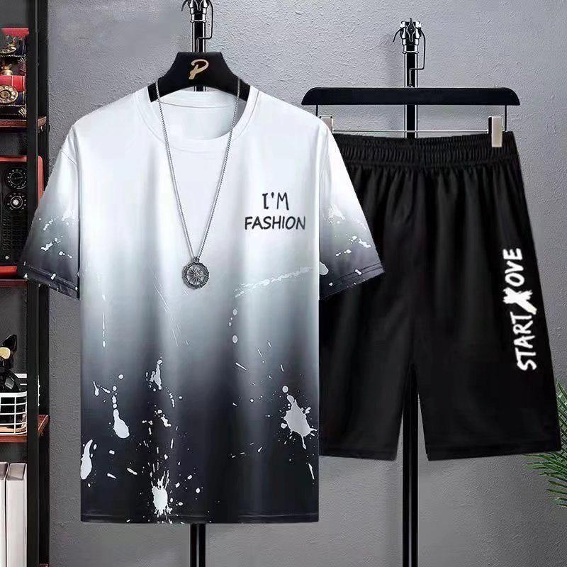 Men's Summer Gradient Ice Silk Sporty Casual Set - Short-Sleeved T-Shirt & Five-Point Shorts