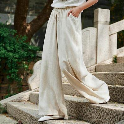 Solid Color Wide Leg 2021 Spring New Pockets Cotton Linen Women Cloths Pants