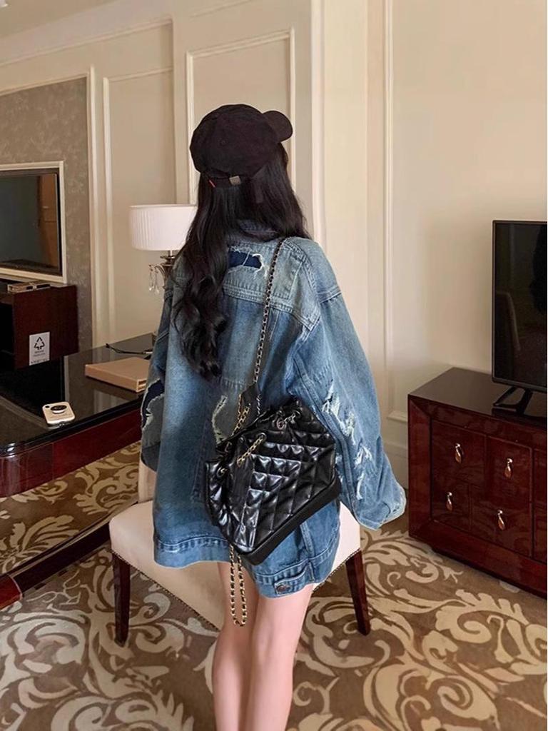 Women's Retro Ripped Denim Jacket for Spring/Autumn 2024 - Loose, Versatile Cardigan Top