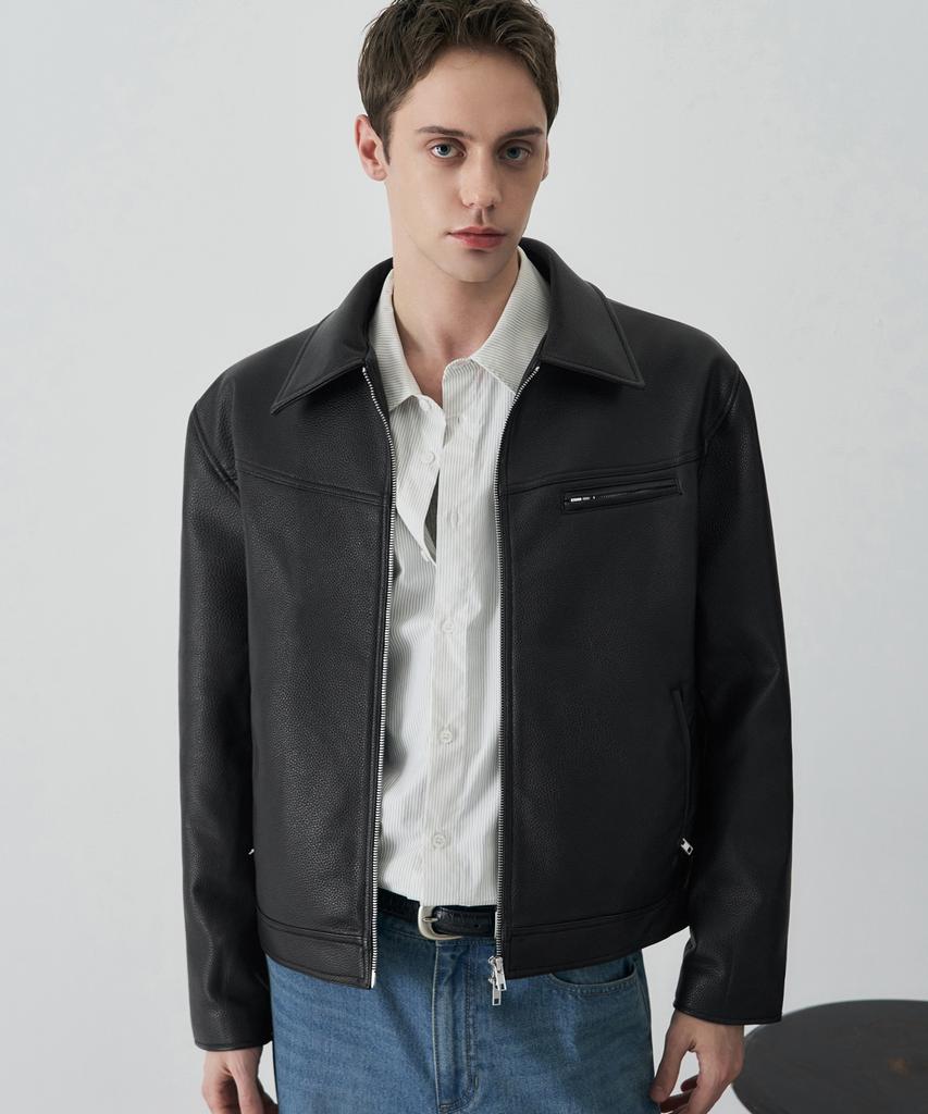 Draw Fit Russell Textured Single Leather Jacket [Black]