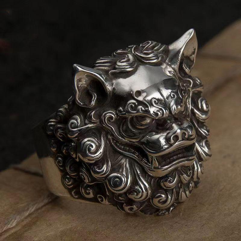 Retro Thai Silver Chinese Tang Lion Adjustable Ring for Men