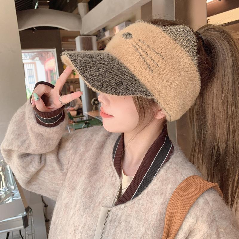 Cute Cat Hat for Women In Autumn and Winter Knitted Wool Hat Korean Style Versatile Warm Imitation Mink Hair Empty Top Baseball Cap