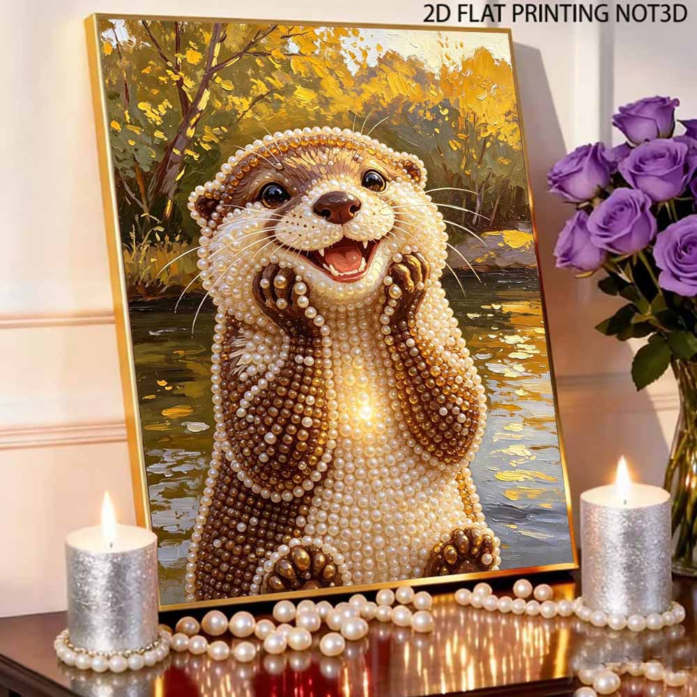 Sparkling Pearl Painting On Stretched Frame Happy Otter Design DIY Bead Art Canvas Relaxing Hobby Gift for Craft Lovers for Home Decor Art