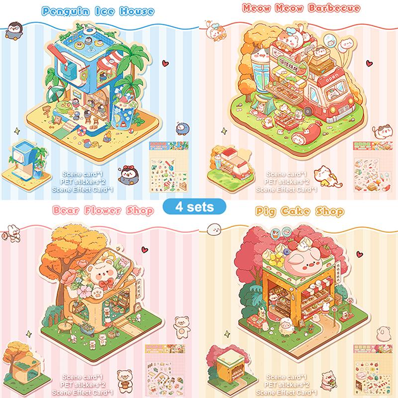 

4 комплекта симпатичных 3D-мультяшных миниатюрных декораций своими руками, визуальные наклейки для укладки, наклейки для ландшафтного дизайна, наклейки для карманных домиков своими руками