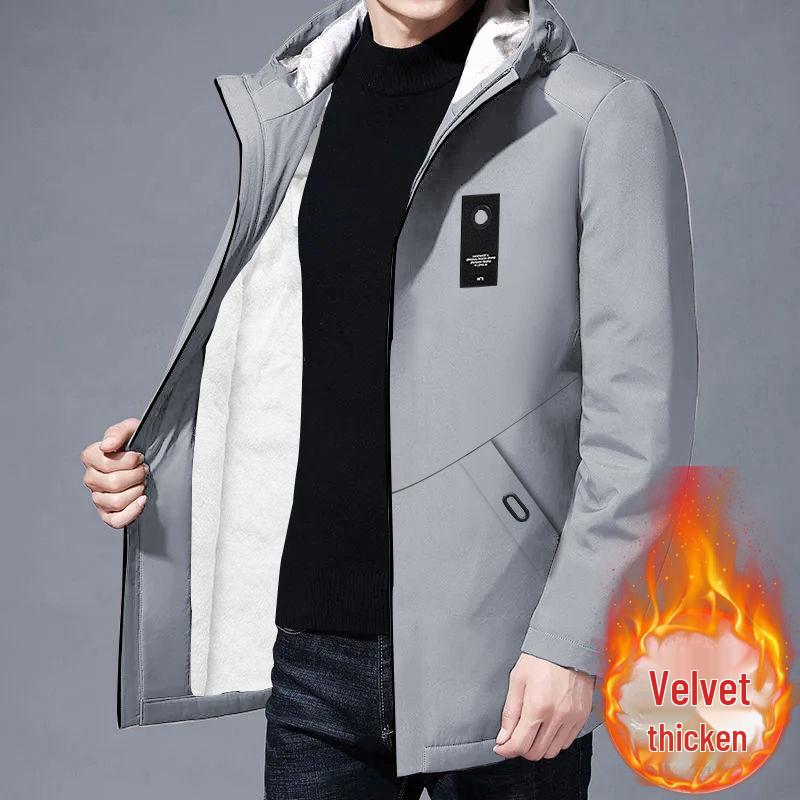2025 Men’s Mid-Length Fleece-Lined Trench Coat – Trendy, Casual, and Warm for Autumn/Winter.