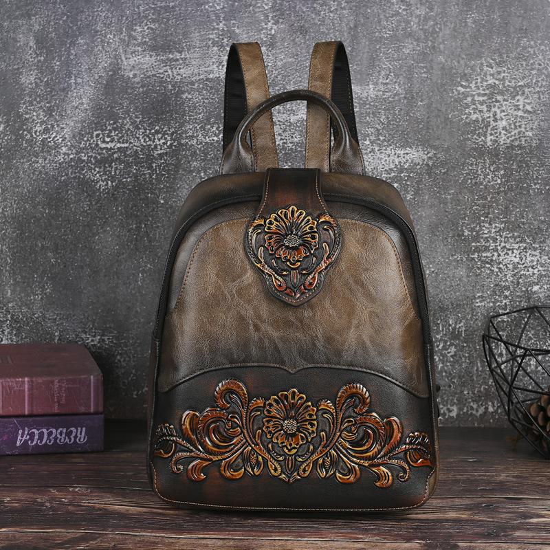 Johnature Embossed Vintage Backpack Versatile Women's Leather Bag Large Capacity Travel Backpacks