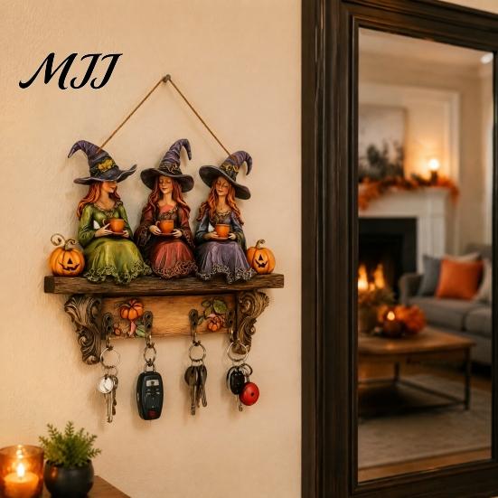 Dunkle Ästhetik Wandkunst Halloween Eingangsbereich Schlüsselhalter mit 4 Haken, Hängendes Holzschild, Montierbares handgefertigtes Holzhandwerk Rack für Schlüssel Taschen Und Leinen,