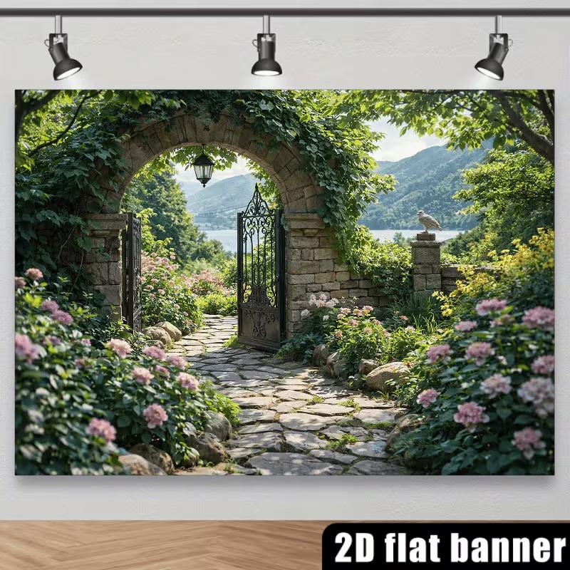 2D Enchanted Garden Backdrop Ivy Stone Arch Flower Photography Background