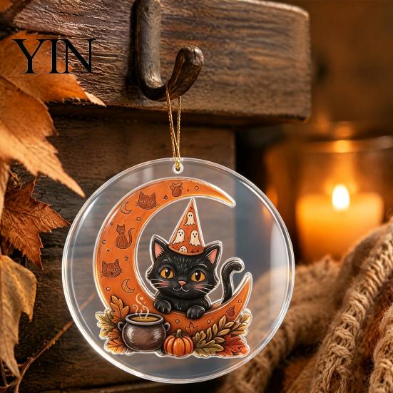 Festive Home Decor Halloween Ghost Hanging Ornament, Double Side 2D Acrylic Black Cat Bat Skull Spooky Room Pendant for Door Window, Party Decoration