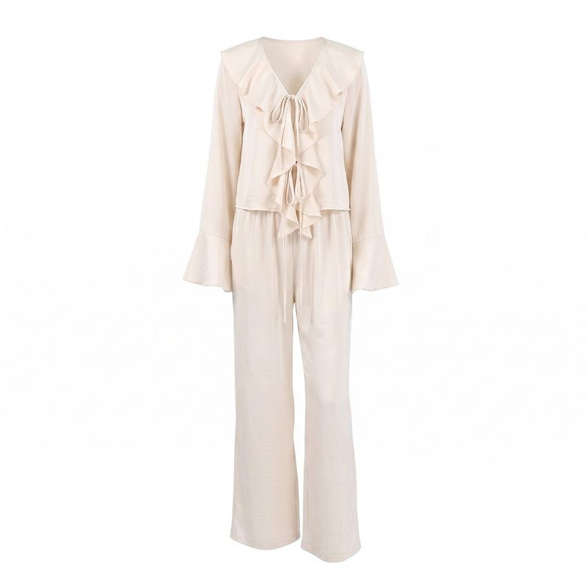 European and American Design Women's Clothing Autumn Two-piece Set V-neck Ruffle Edge Lace-up Top High-waisted Straight Wide-leg Pants Set