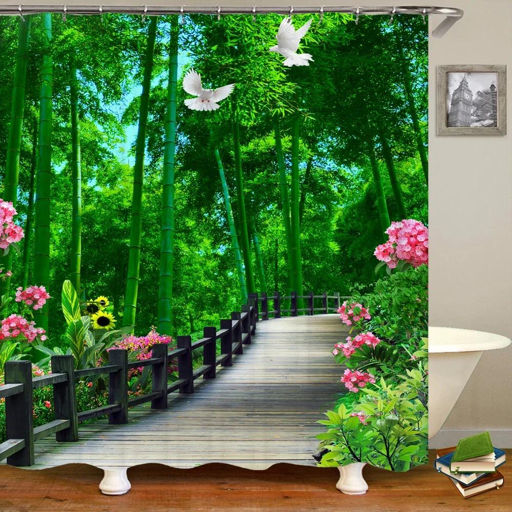 Waterproof Fabric 3D Shower Curtain Bathroom Curtain Pink Tree Landscape Polyester Bath Curtain Decorate With Hooks Cortina