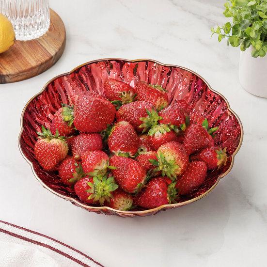 Plastic Fruit Bowl with Gold Trim, Clear Fruit Basket, Modern Decorative Serving Bowl for Kitchen Counter, Dining Room, Coffee Table