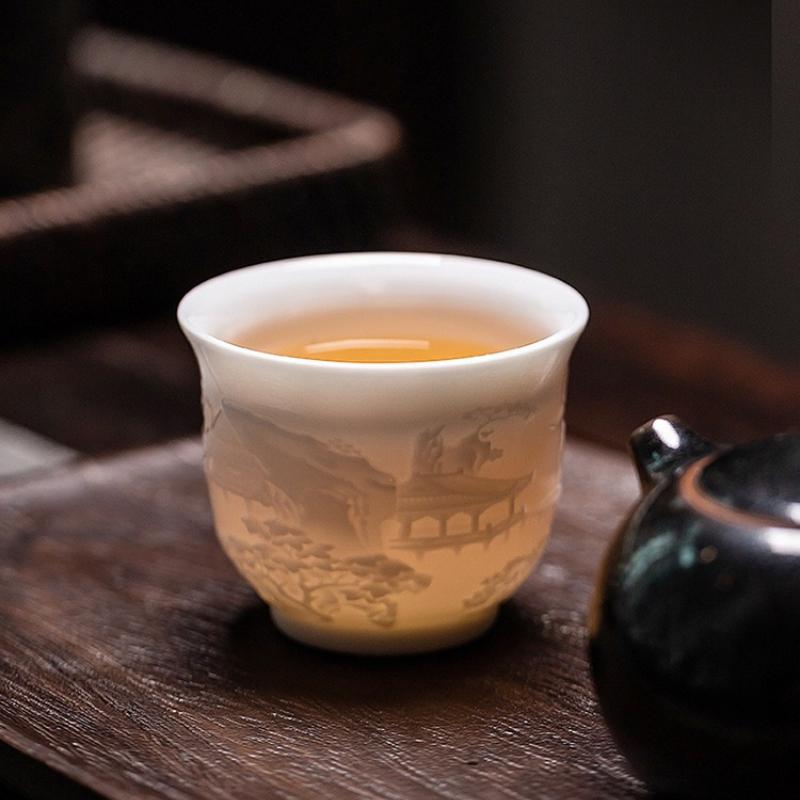 Handmade Tengwangge Pavilion Relief White Porcelain Tea Cup Chinese Gongfu Tea Set Personal Tea Cup Ceramic Gift for Tea Lovers