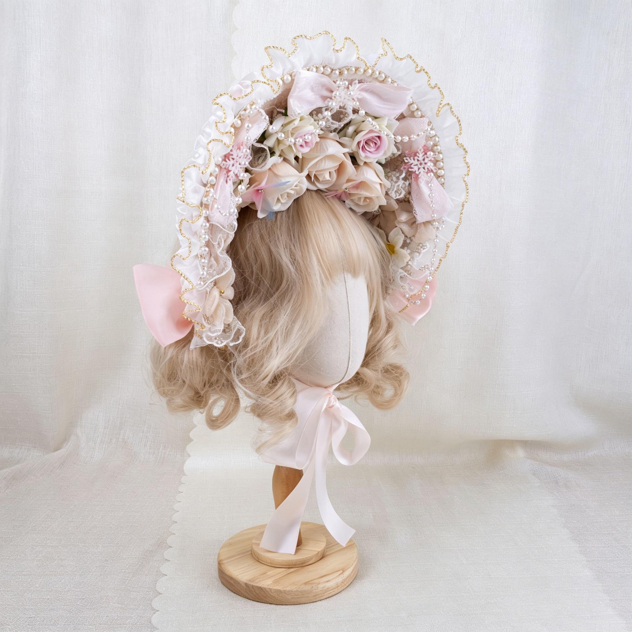 

Women Girls pink Vintage Victorian Tea Party Lace Straw Hat Lolita Flowers Ribbons Flat Bonnet Headdress With Bow Pearl