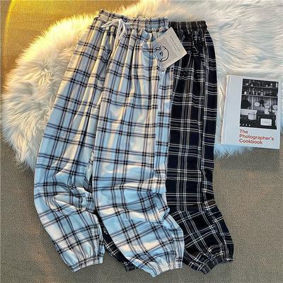 Women's Spring and Autumn Plaid Elastic Waist High Waist Draped Slim Drawstring Trousers