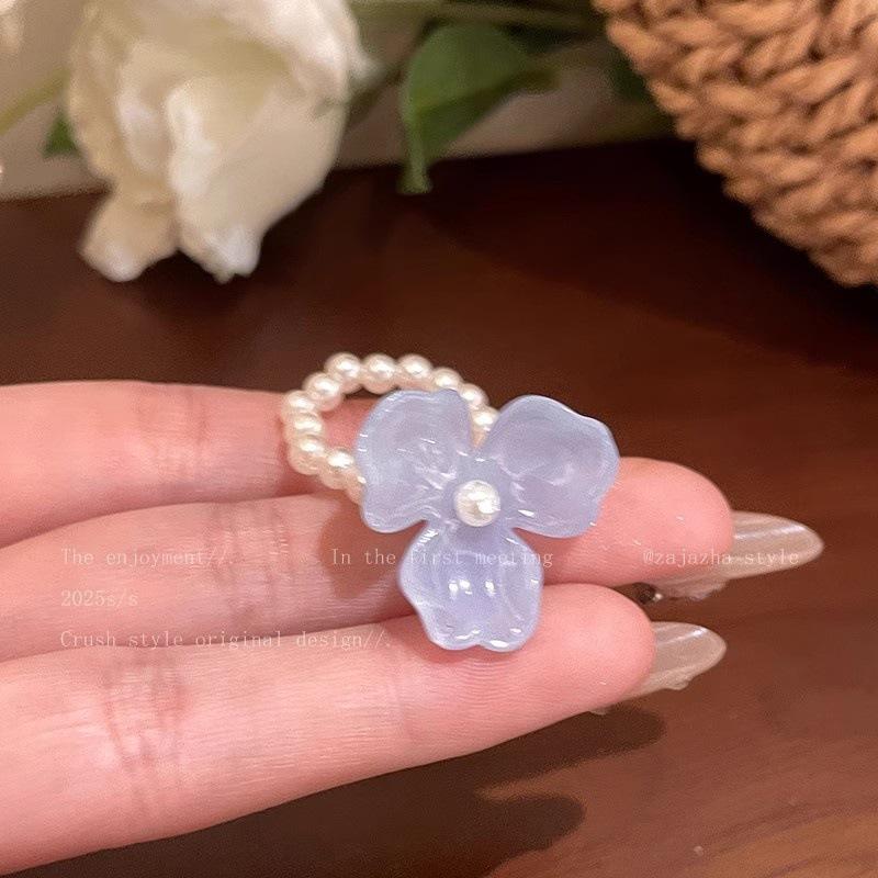 Romantic Fashion Dopamine Colorful Flower Imitation Pearl Beaded Rings for Women Sweet Vacation Finger Jewelry Accessories Gift