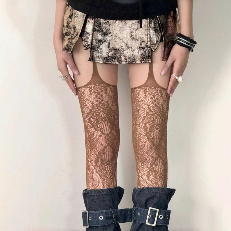 Новый принт Коричневые сетчатые чулки Женские сексуальные кофейные ажурные чулки выше колена Готическая Лолита Японские чулки выше колена One Size