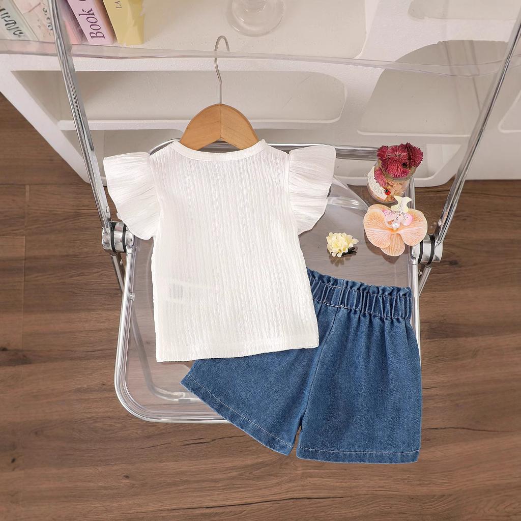 Dziewczęcy Słodki Zestaw Letni Moda Dziecięca Top z Okrągłym Dekoltem, Dżinsy z Haftem Stokrotek Zestaw Dwuczęściowy