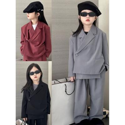 Children's Spring/Autumn Suit Set Design: Asymmetrical Placket Loose-Fit Top + Suit Pants Two-Piece Set