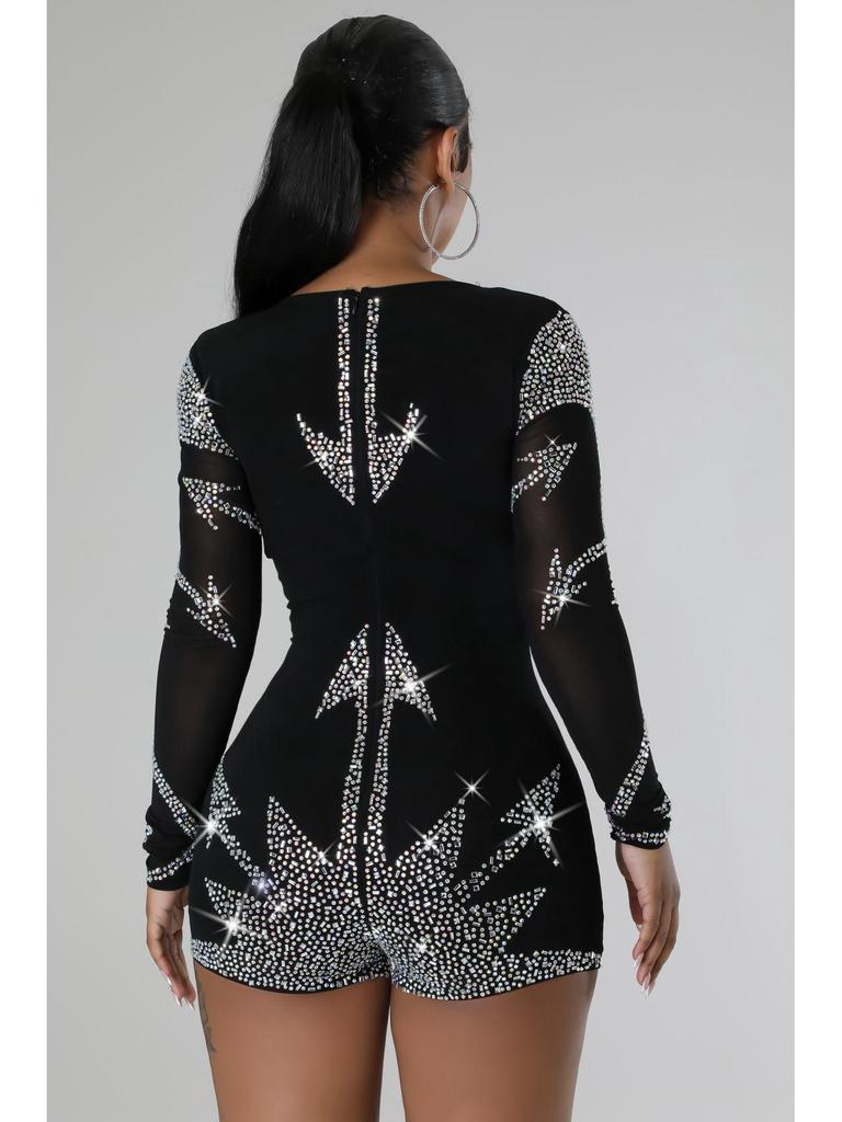K2900 Rhinestone Elastic Long Sleeve Jumpsuit