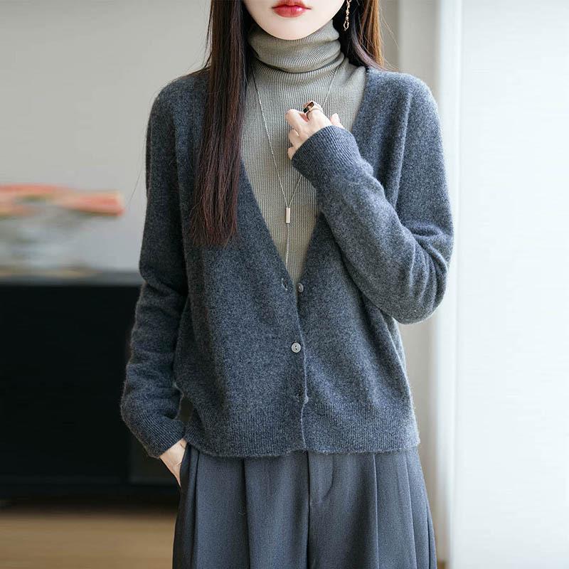 Women's 100% Wool V-Neck Cardigan Sweater - Solid Color, Long Sleeve, Short Jacket for Autumn/Winter