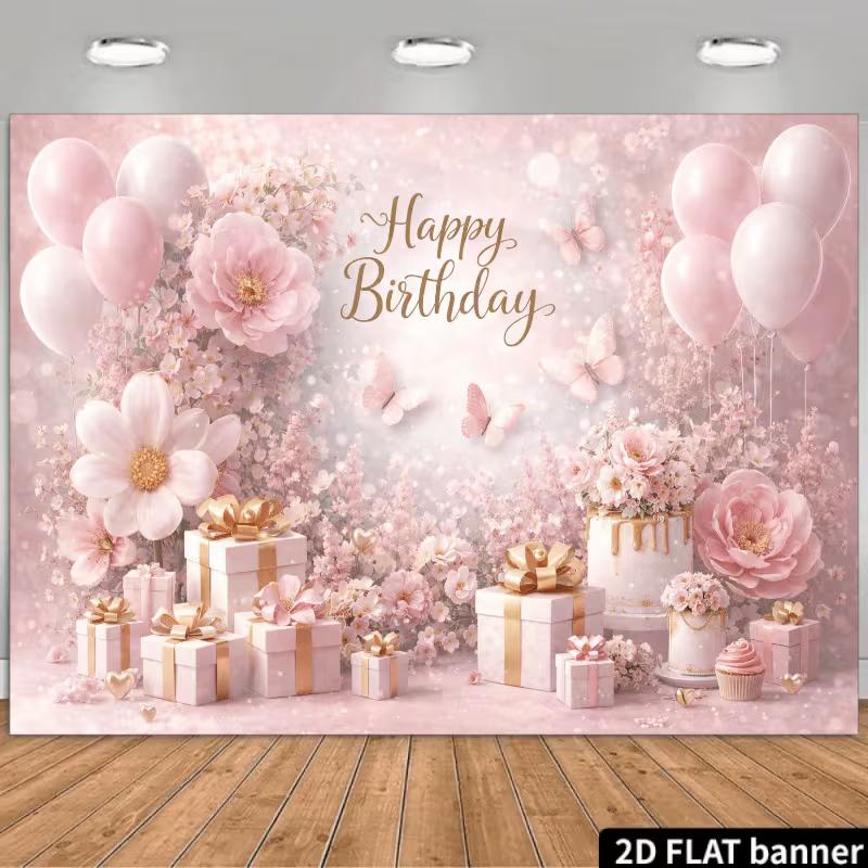 2D Spring Floral Butterfly Happy Birthday Backdrop Banner Party Decoration