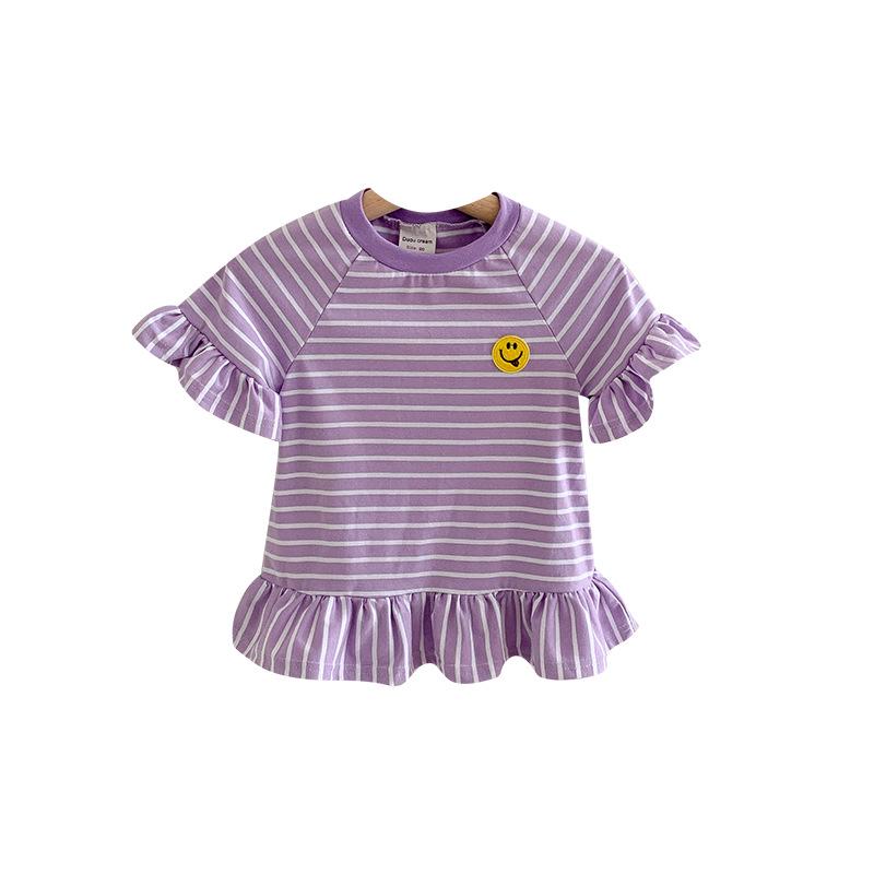 2025 Summer Korean Style Ruffle Sleeve Dress for Girls - Short Sleeve Striped Skirt