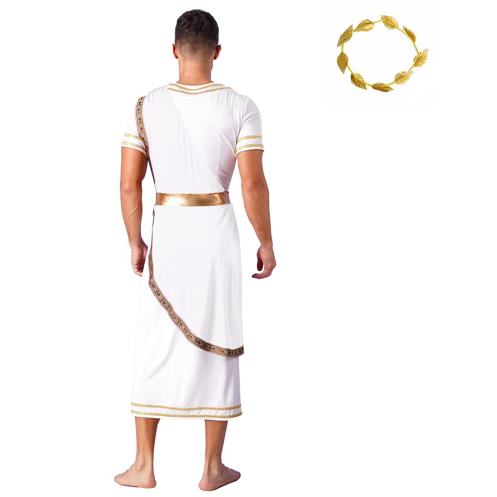 Mens Ancient Roman Toga Dress Up Costume Short Sleeve Gold Trim Design Cosplay Robe Artificial Leaf Headwear