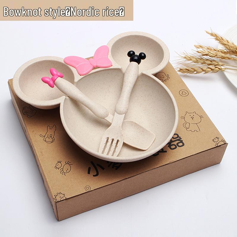 Cute Children's Wheat Straw Tableware Set: Rice Bowl, Eating Plate, Spoon, and Fork - Perfect Baby Gift