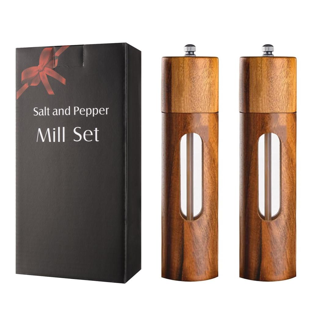 Wooden Salt and Pepper Grinder,8 Inch Manual Pepper Mill Adjustable Coarseness Refillable,Acacia Wood Pepper Shakers for Kitchen