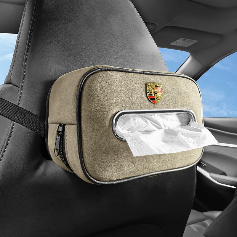 Bilinteriör Papperslåda Mocka Solskyddssits Rygg Hängande Väska För Porsche Cayenne Panamera Macan 911 718 918 Taycan Boxster