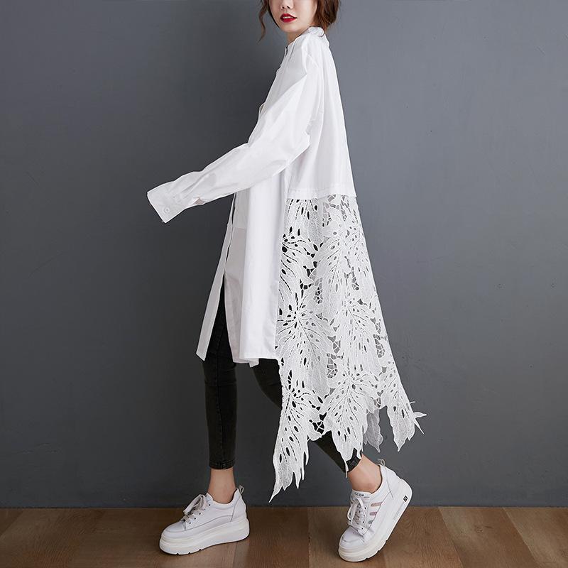 Tannt Women Shirt Asymmetry Lace Patchwork Long Oversize Blouse Tops Irregular Hollow Out Black White Shirt Women