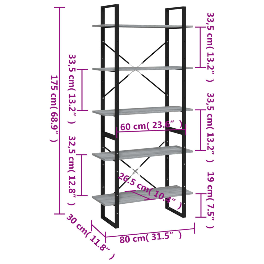 5 Shelf Bookshelf Gray Sonoma Oak 31.5 x 11.8 x 68.9 in Particleboard