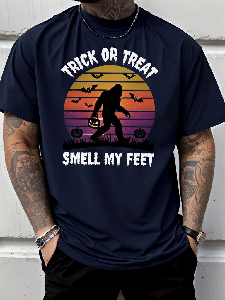 Halloween Bigfoot Pumpkin Bat Sunset Graphic Unisexs Cotton Crew Neck Tee Short Sleeve Loose Casual Daily Street Male Wear Top