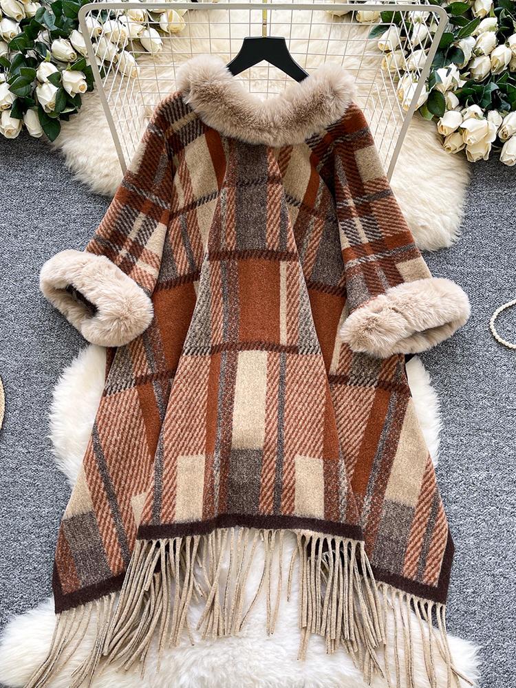 Autumn Winter Vintage Outerwear with Fur Collar Knitted Cardigan Tops for Women Loose Elegant Plaid Shawl Cloak Coat L66