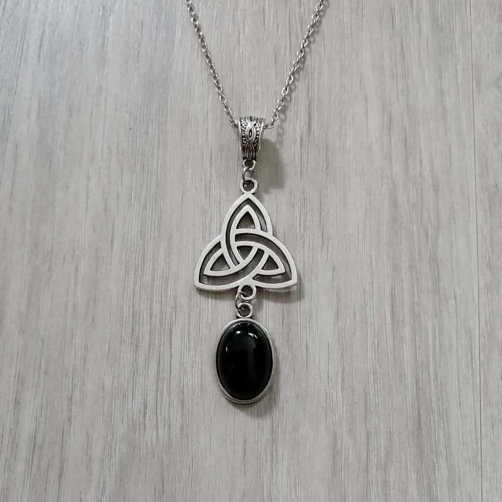 Gothic Sliver Color Hollow Out Celtic Knot Natural Stone Pendant Necklace for Women Men Halloween Party Pagan Witchcraft Jewelry