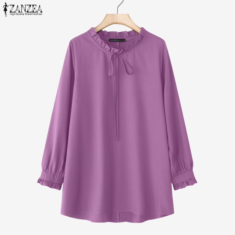 ZANZEA Dame Casual Rund Hals Ensfarget Løs Langermet Bluse