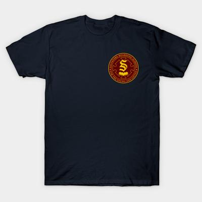 Men Black Print T-shirt Salvatore Boarding School Crest No-Cut Transfer Paper Print Cotton Tshirt