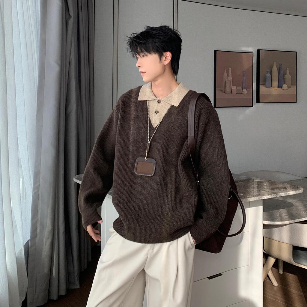 Korean Retro Old Money Style Knit Sweater: Autumn-Winter Two-Piece, Warm Versatile Casual Men's Fashion